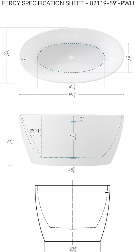FerdY Tahiti 59" Acrylic Freestanding Bathtub, Elegant Oval Shape Bathtub - Image 7