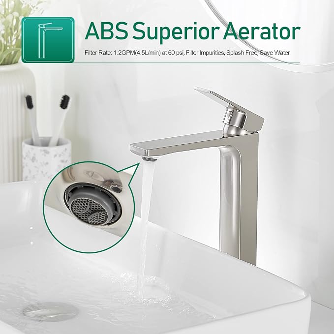 VOTON Brushed Nickel Vessel Sink Faucet Single Handle Tall Bathroom Sink Faucet - Image 2