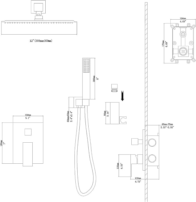 Lordear Rain Shower System 12 Inch Wall Mounted Shower Faucet Set, Brushed - Image 8