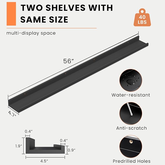 Heimlove Picture Ledge Shelf, Floating Shelves Set of 2, 56 Inches Picture Shelf - Image 3