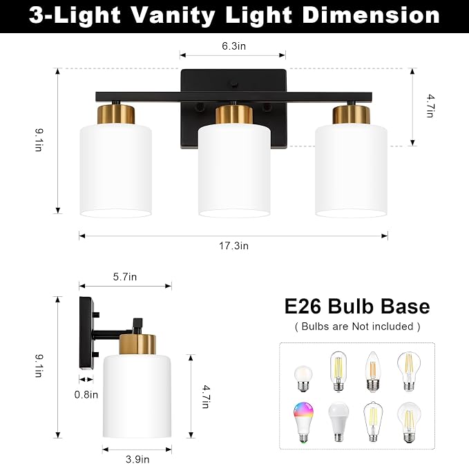 Black and Gold Bathroom Light Fixtures, 3-Light Modern Vanity Light Over Mirror - Image 2