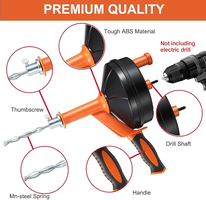 Drain Auger, Clog Remover with Drill Adapter, 25 Feet Flexible Plumbing Snake - Image 6