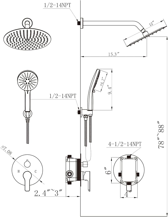 Shower Faucet Set Brass 12IN Rough-In Valve Body Trim Kit Rainfall Included - Image 8