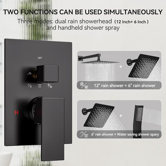 Shower Faucet Set Matte Black Shower System, STARBATH 12+6" Dual Rain Shower - Image 2