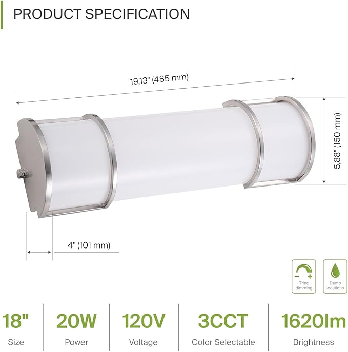 ASD LED 18" Vanity Flush Mount Light Fixture, Linear Bathroom Lighting Bar | - Image 2