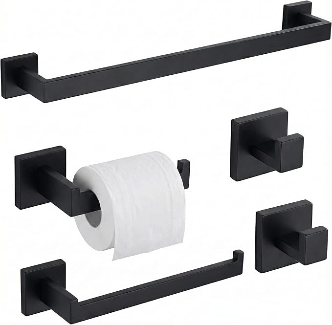 5 Piece Bathroom Hardware Set Matte Black, SUS304 Stainless Steel Towel Bar Set by Unknown