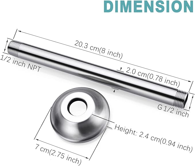BESTILL 8 Inch Ceiling Mount Rain Shower Head Arm and Flange, Brushed Nickel - Image 5