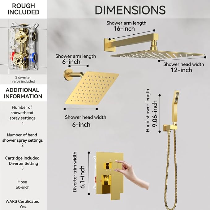 Shower Faucet Set Brushed Gold Shower System, STARBATH 12+6" Dual Rain Shower - Image 6