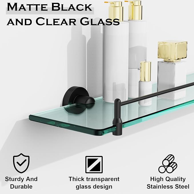 24 Inch Glass Bathroom Shelves, Matte Black Floating Shelves - Image 4