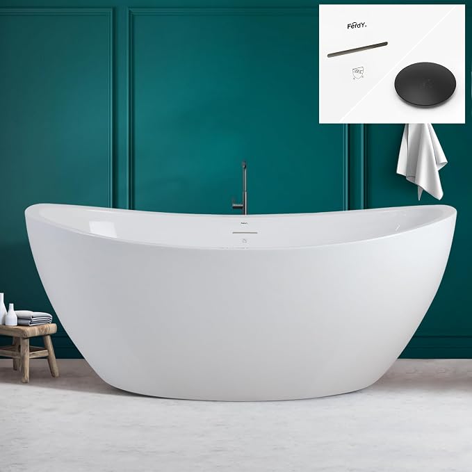 FerdY Naha 67" Freestanding Bathtub, Curve Edge Soaking Bathtub by FerdY