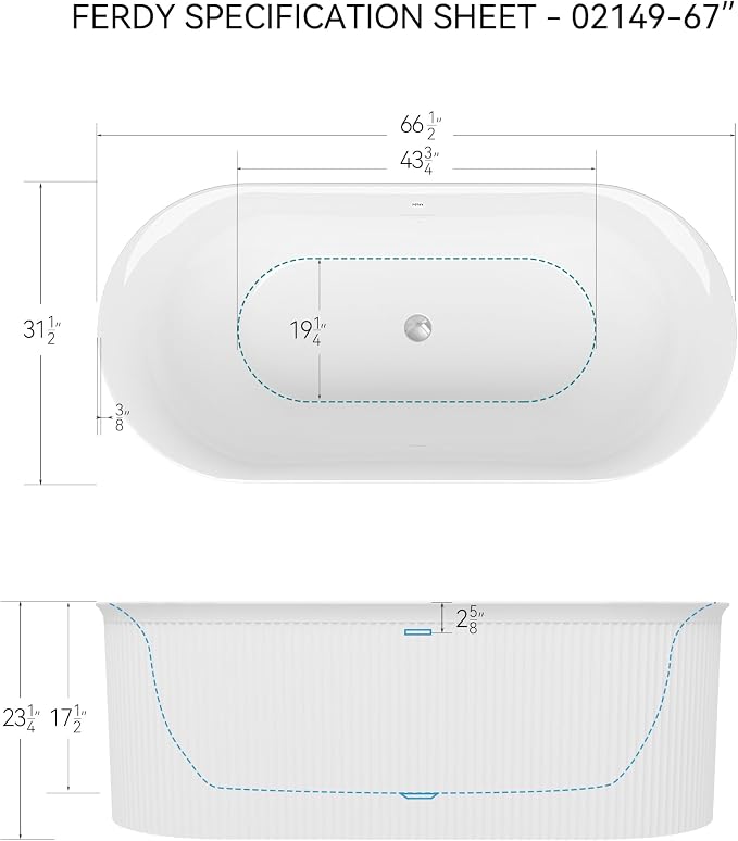 FerdY Nami 67" Acrylic Freestanding Bathtub, V Shape Freestanding Soaking - Image 4