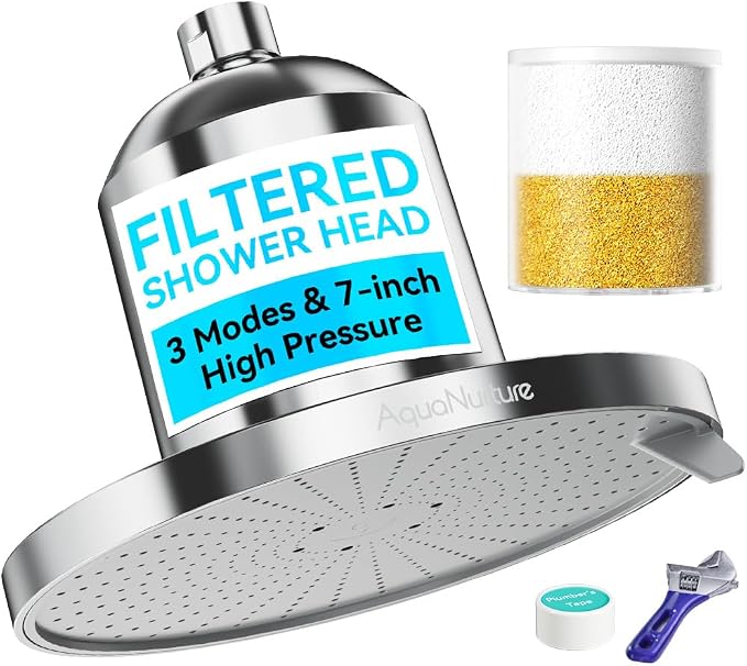 Filtered Shower Head with Filters, High Pressure 3 Modes 7 Inch Filter by AquaNurture