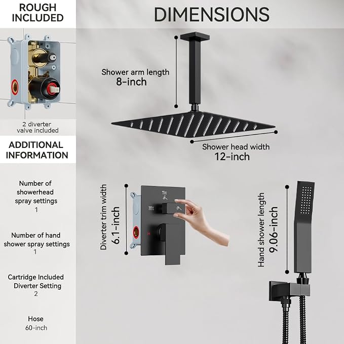 Shower Faucet Set Matte Black Shower System, Starbath 12" Rain Shower Head and - Image 6