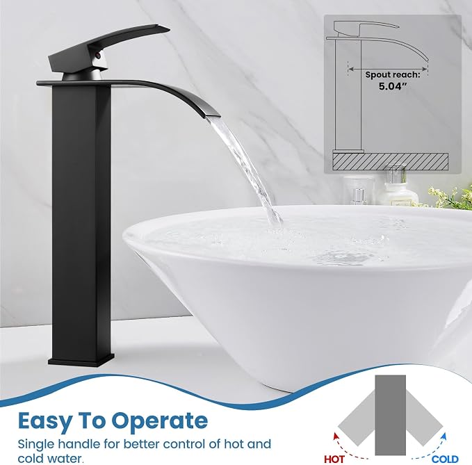 Airuida Vessel Sink Faucet Matte Black, Tall Waterfall Bathroom Faucet - Image 4