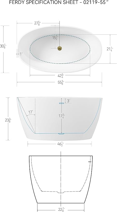 FerdY Tahiti 55" Acrylic Freestanding Bathtub, Elegant Oval Shape Soaking - Image 6