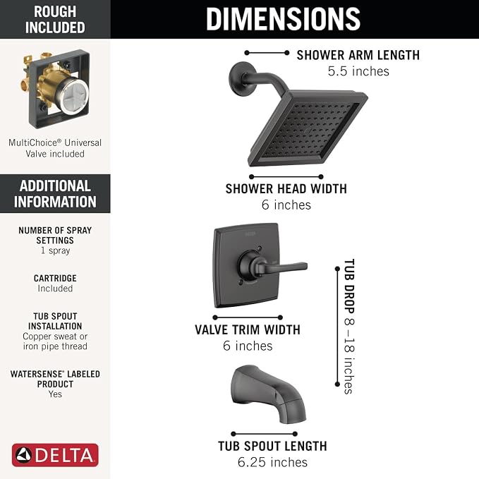 Delta Geist 14 Series Square Bathtub and Shower Faucet Set, Matte Black Shower - Image 3