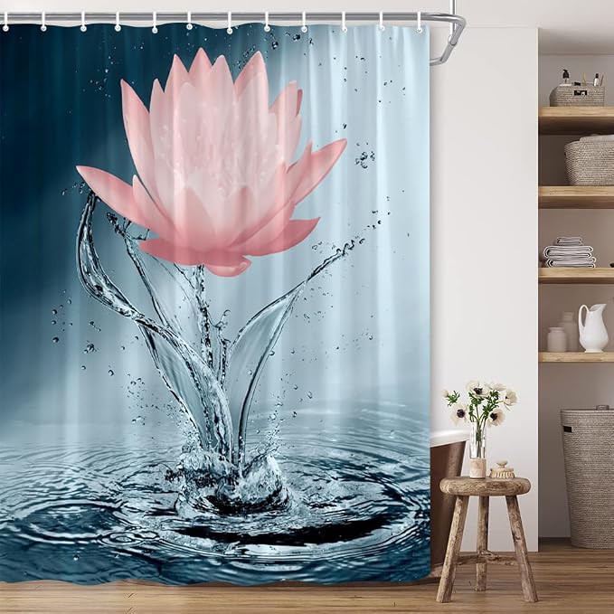 Lotus Shower Curtain Blue Red Flower Elegant Blooming Floral - Image 4