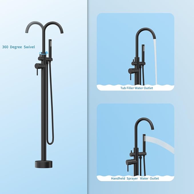 Freestanding Tub Filler Matte Black Floor Mount Bathtub Faucet Bathroom - Image 3