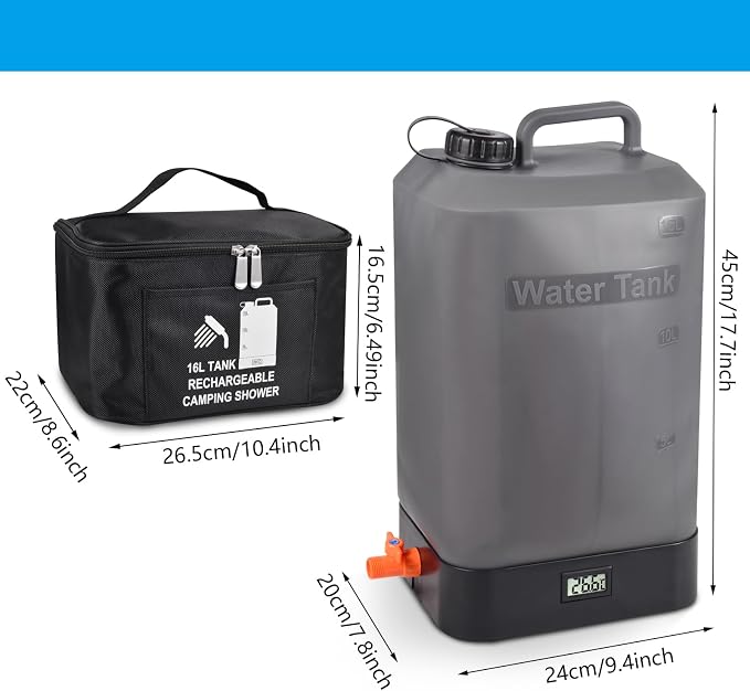 B. TAWD 4.5 Gallon Silicone Water Tank, Portable Camping Shower, USB Battery - Image 7