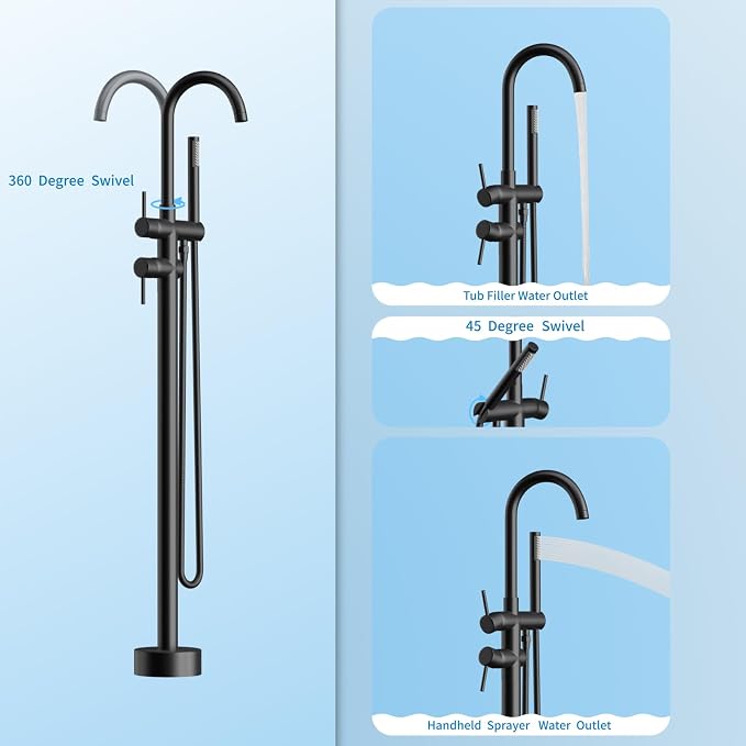 Freestanding Bathtub Faucet, Tub Filler Floor Mount Stand Bathtub Faucet Brass - Image 4