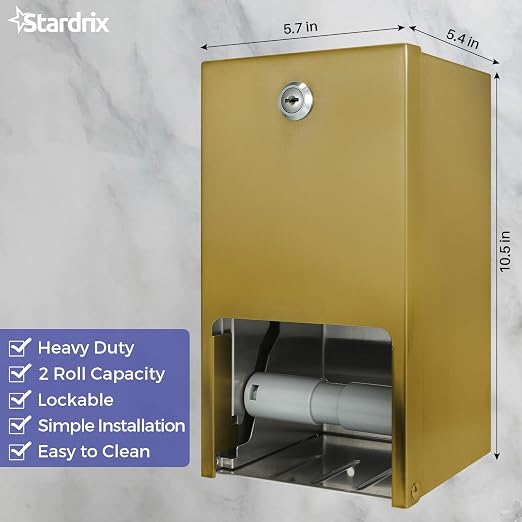 Gold 2 Roll Stainless Steel Commercial Toilet Paper Dispenser, Heavy Duty Wall - Image 7