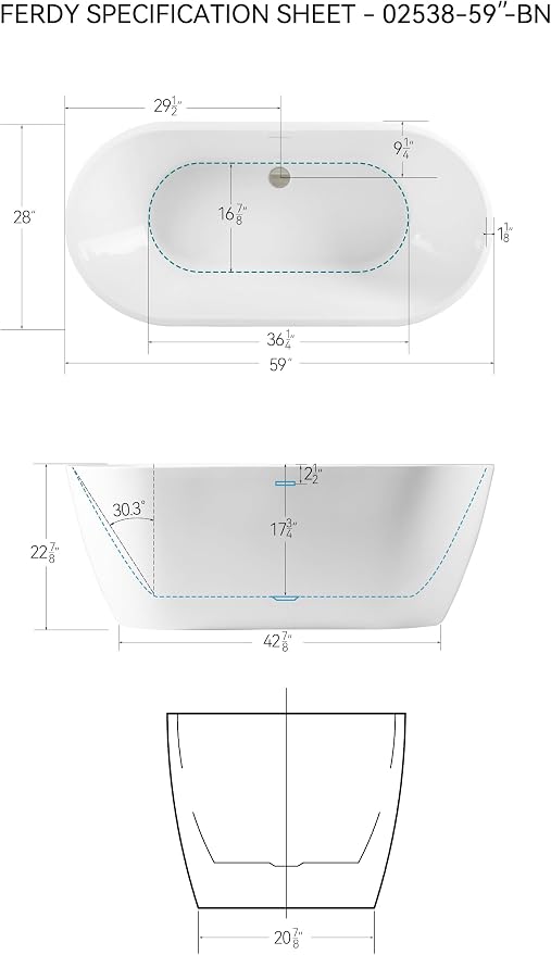 FerdY Bali 59" Acrylic Freestanding Bathtub, Gracefully Shaped Freestanding - Image 4