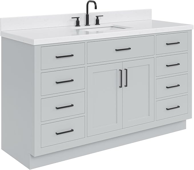 ARIEL Hepburn 60" Grey Bathroom Vanity, 1.5" Edge Carrara Quartz Countertop & - Image 8