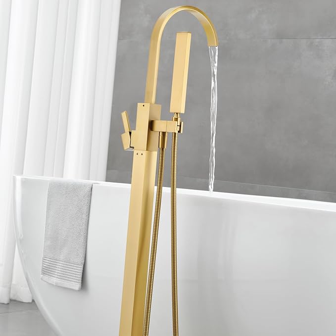 Freestanding Bathtub Faucet Floor Mount Tub Filler Brushed Gold Brass Bathroom - Image 5