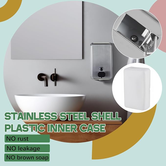 Maxdot 2 Pcs 37 oz/1100 ml Commercial Stainless Steel Soap Dispenser Wall Mount - Image 4
