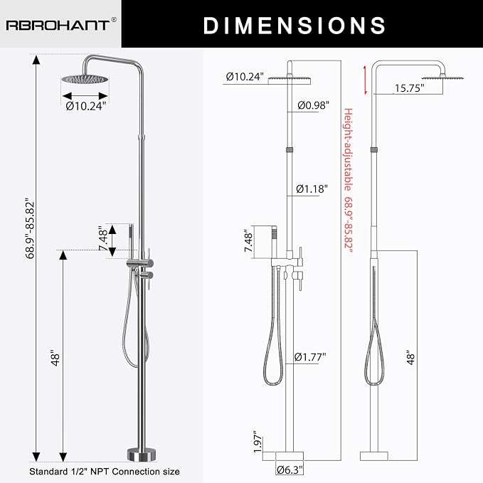 RBROHANT Freestanding Outdoor Shower Chrome, Height Adjustable Outside Showers - Image 6