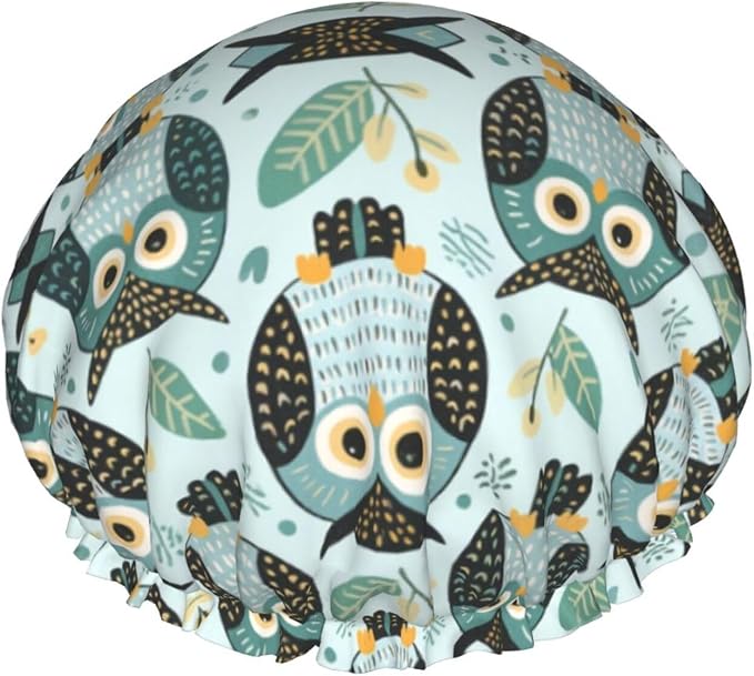 Double Layers Shower Cap for Women Girls, Owl Art Shower Hair Bath Hat Elastic by Unknown