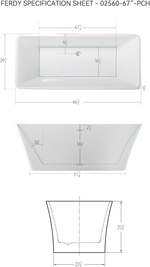 FerdY Sentosa 67" Acrylic Freestanding Bathtub, Contemporary Design Soaking Tub - Image 7