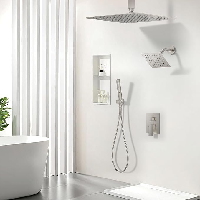 Rain Shower System Brushed Nickel Shower Faucet Set, Dual Rainfall Shower Head - Image 2