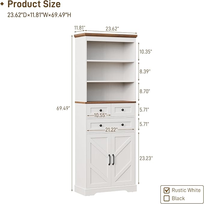 Vabches Farmhouse Bathroom Cabinet, Adjustable Shelves & Doors, 3 Tier Wood - Image 2