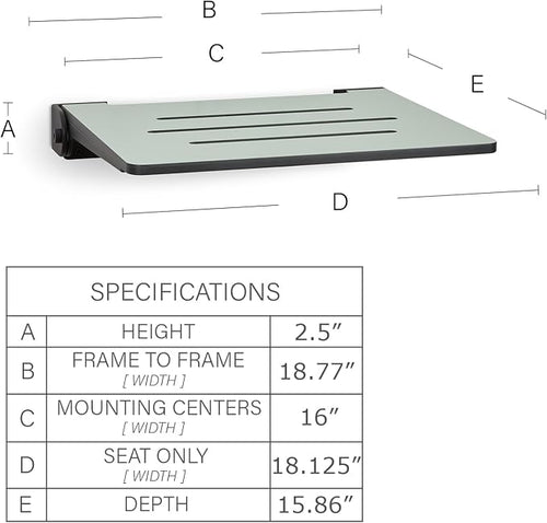 18 inch Silhouette Slimline Folding Wall Mount Shower Bench Seat, Sea Green Seat - Image 2