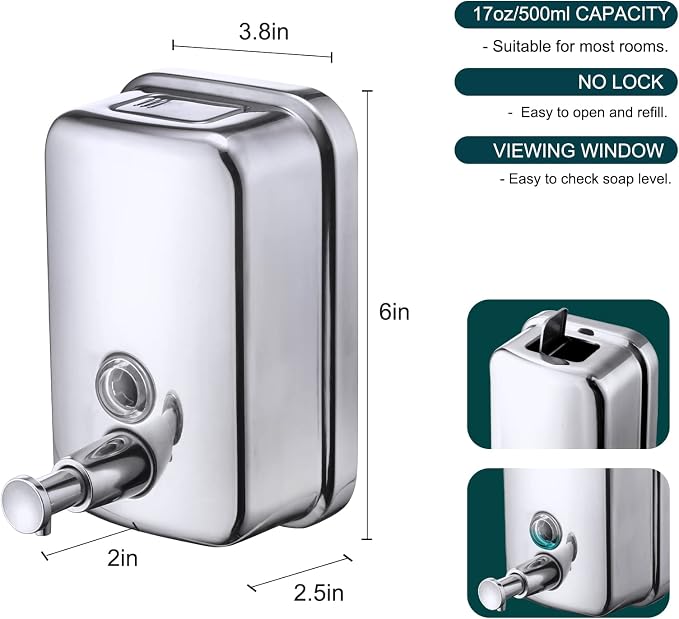 Commercial Soap Dispenser Wall Mount Stainless Steel Manual Liquid Pump - Image 4