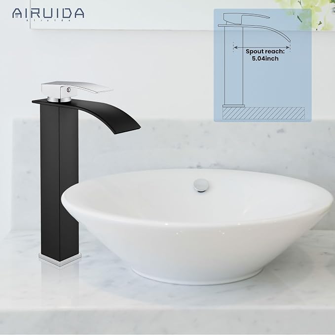 Airuida Tall Waterfall Spout Bathroom Faucet Matte Black&Chrome Polish Single - Image 3