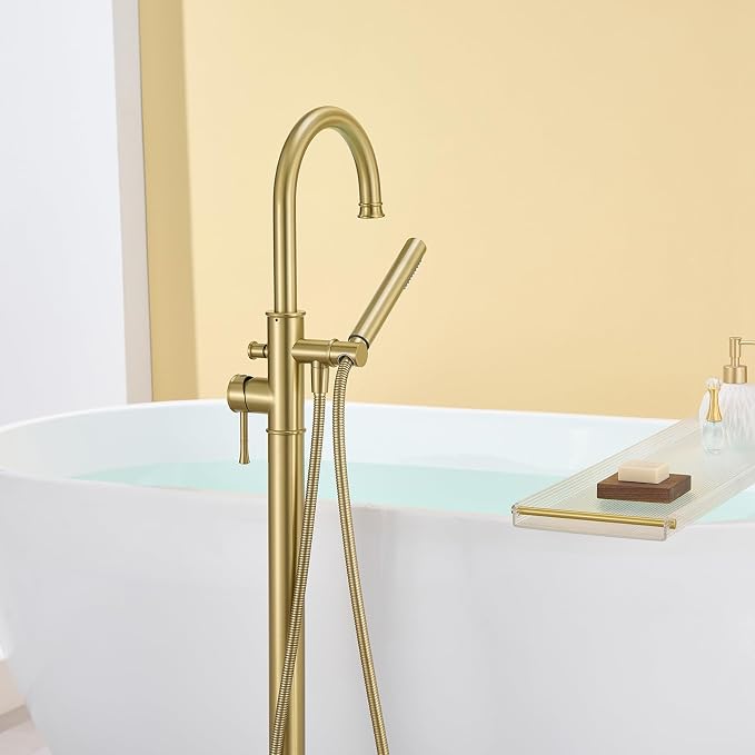 Free Standing Tub Faucet Brushed Gold Freestanding Bathtub Faucet Floor Mount - Image 8