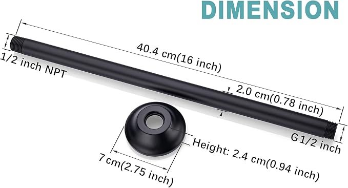 BESTILL 16 Inch Ceiling Mount Rain Shower Head Arm and Flange, Matte Black - Image 5