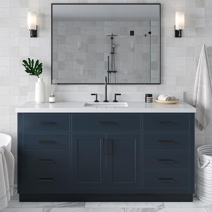 ARIEL 67" Midnight Blue Vanity, 1.5" Edge Pure White Quartz Countertop & Splash by Ariel