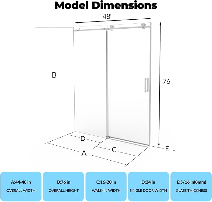56-60" W x 76" H Frameless Sliding Shower Door, Features 5/16" Clear Tempered - Image 2