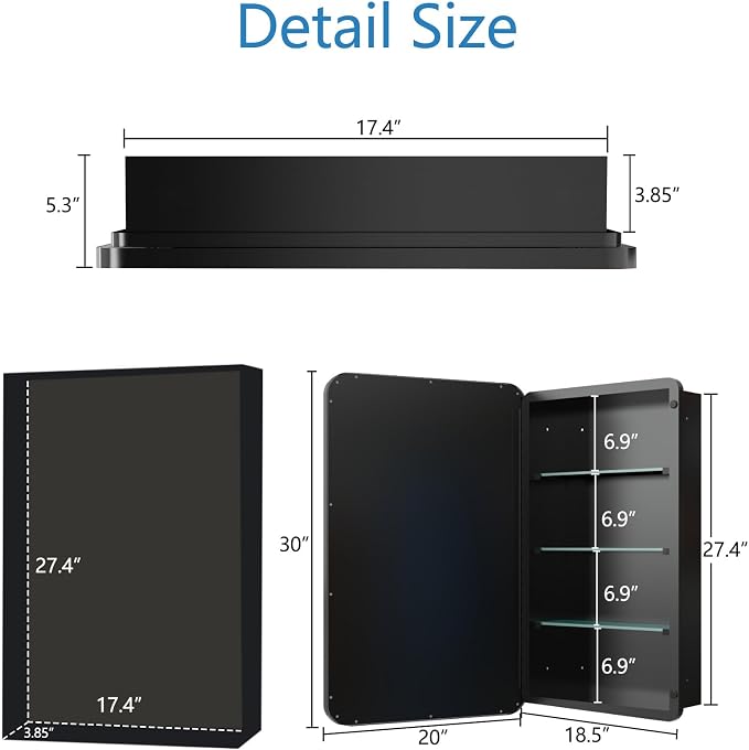 Bathroom Medicine Cabinet with 20"x30" Stainless Steel Framed Mirror, Recessed - Image 2