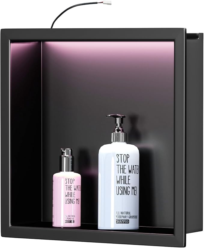 RGB LED Light Shower Niche, Matte Black 12X12 in Stainless Steel Recessed - Image 7