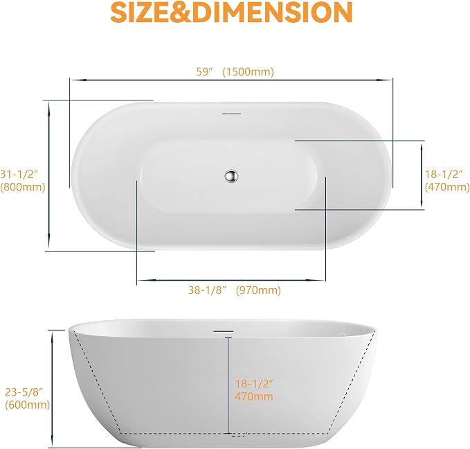59" Acrylic Freestanding Bathtub, Free Standing Tub, Stand Alone Tub - Image 9