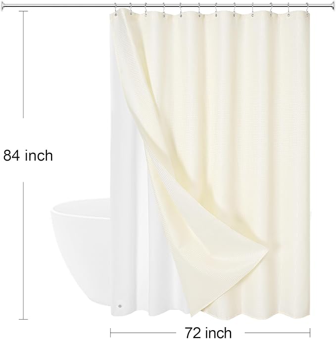 3 in 1 Extra Long Cream Shower Curtain Set-72 W x 84 H, Ivory Waffle and PEVA - Image 8