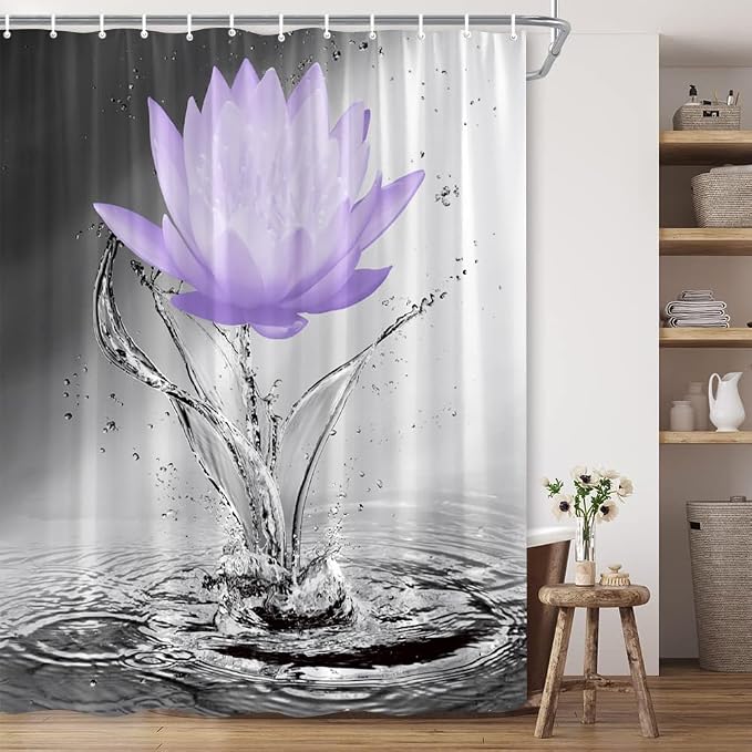 Lotus Shower Curtain Black White Grey Violet Flower Elegant Blooming Floral by showercurtain