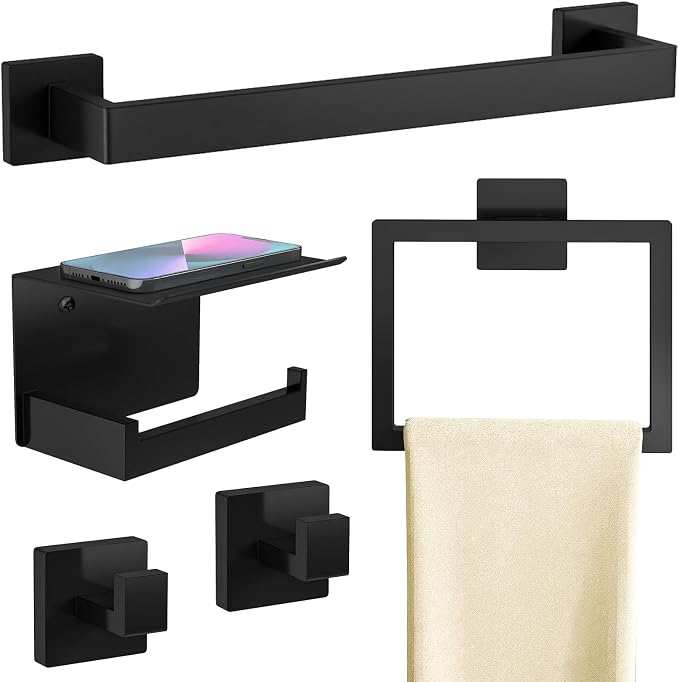 Matte Black Bathroom Accessories Hardware Set 5-Piece, Stainless Steel Towel by STWWO