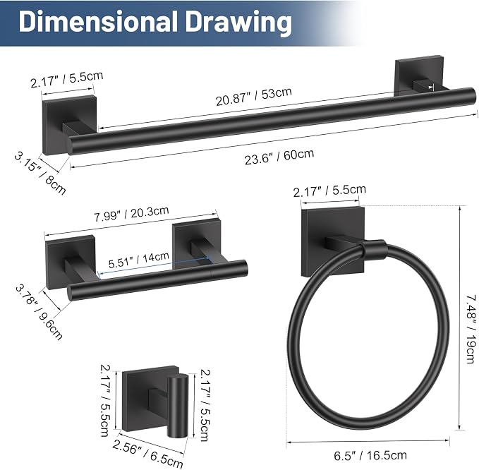 TURS Matte Black 5 Piece Bathroom Hardware Accessories Set, SUS304 Stainless - Image 7