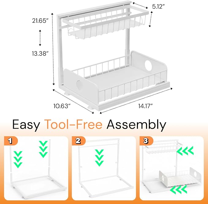 Under Sink Organizer, 2 Pack, 2 Tier Pull Out Sliding Shelf, Adjustable Height - Image 2