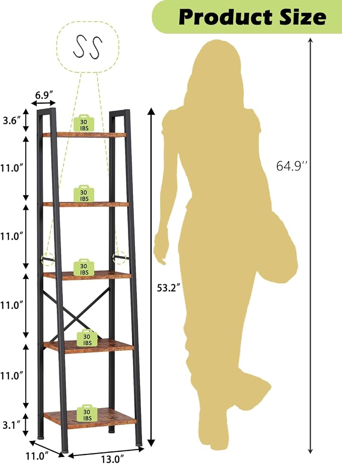 Furologee 5 Tier Ladder Shelf Bookcase, Tall Narrow Bookshelf - Image 2